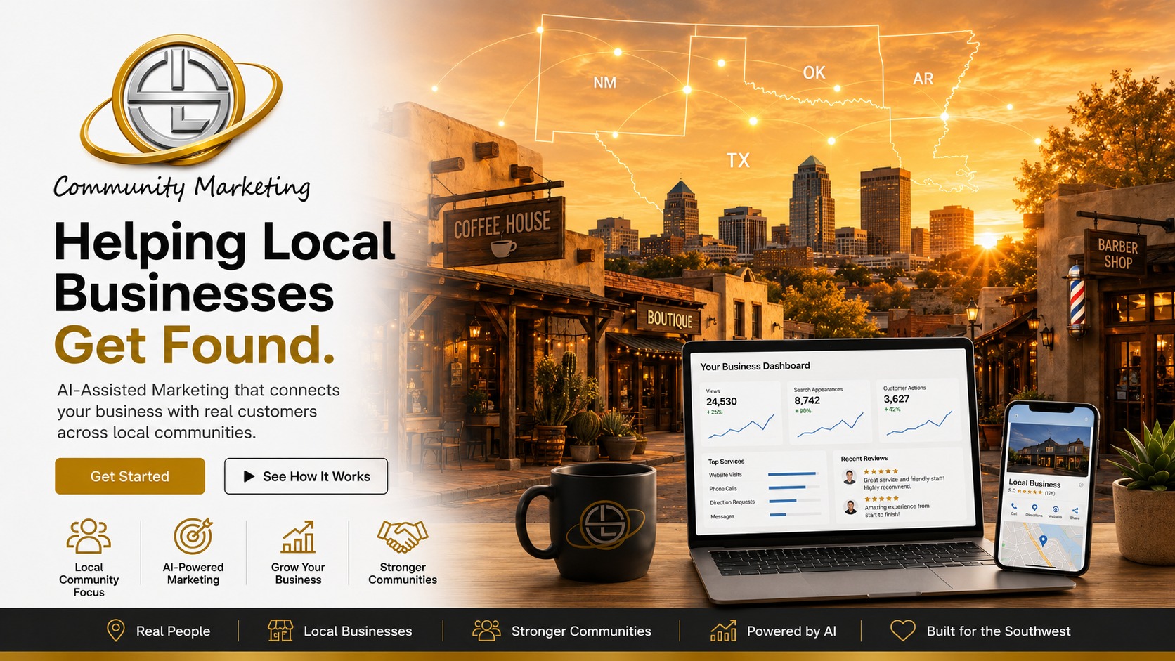 Searcy Arkansas local business page with featured ads, coupons, restaurants, services, and city updates