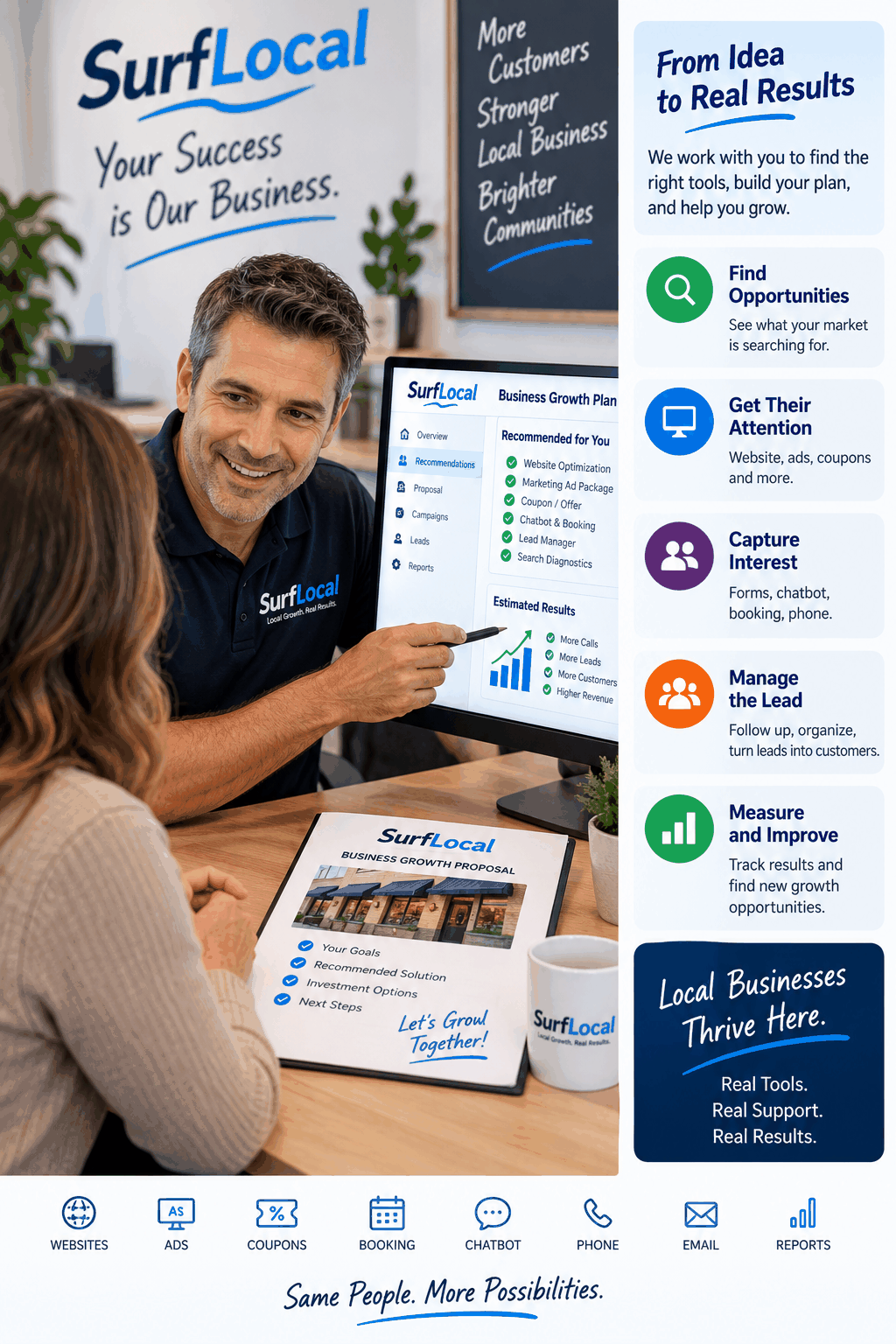 SurfLocal business growth consultation showing a representative reviewing customer goals, recommended marketing tools, a business proposal, lead management, and measurable growth steps.