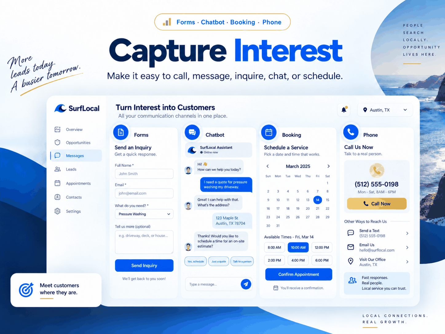 SurfLocal lead capture tools showing contact forms, chatbot conversations, appointment booking, phone, text, and email options.