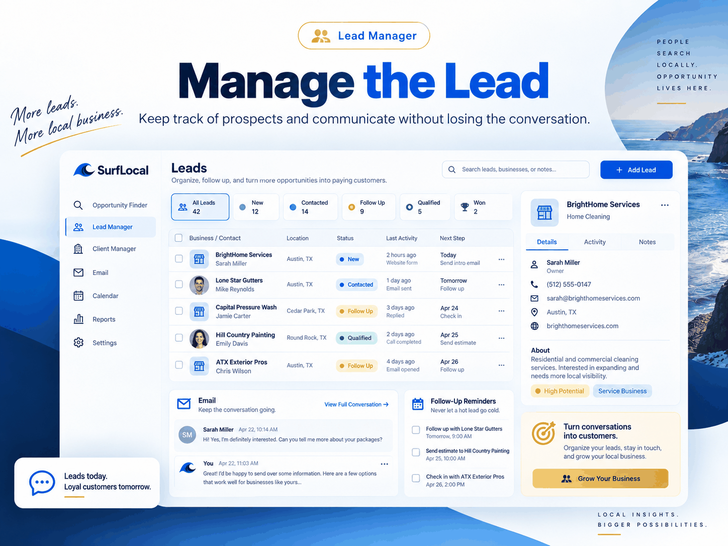 SurfLocal Lead Manager dashboard showing prospects, client details, email conversations, lead status, and follow-up reminders.