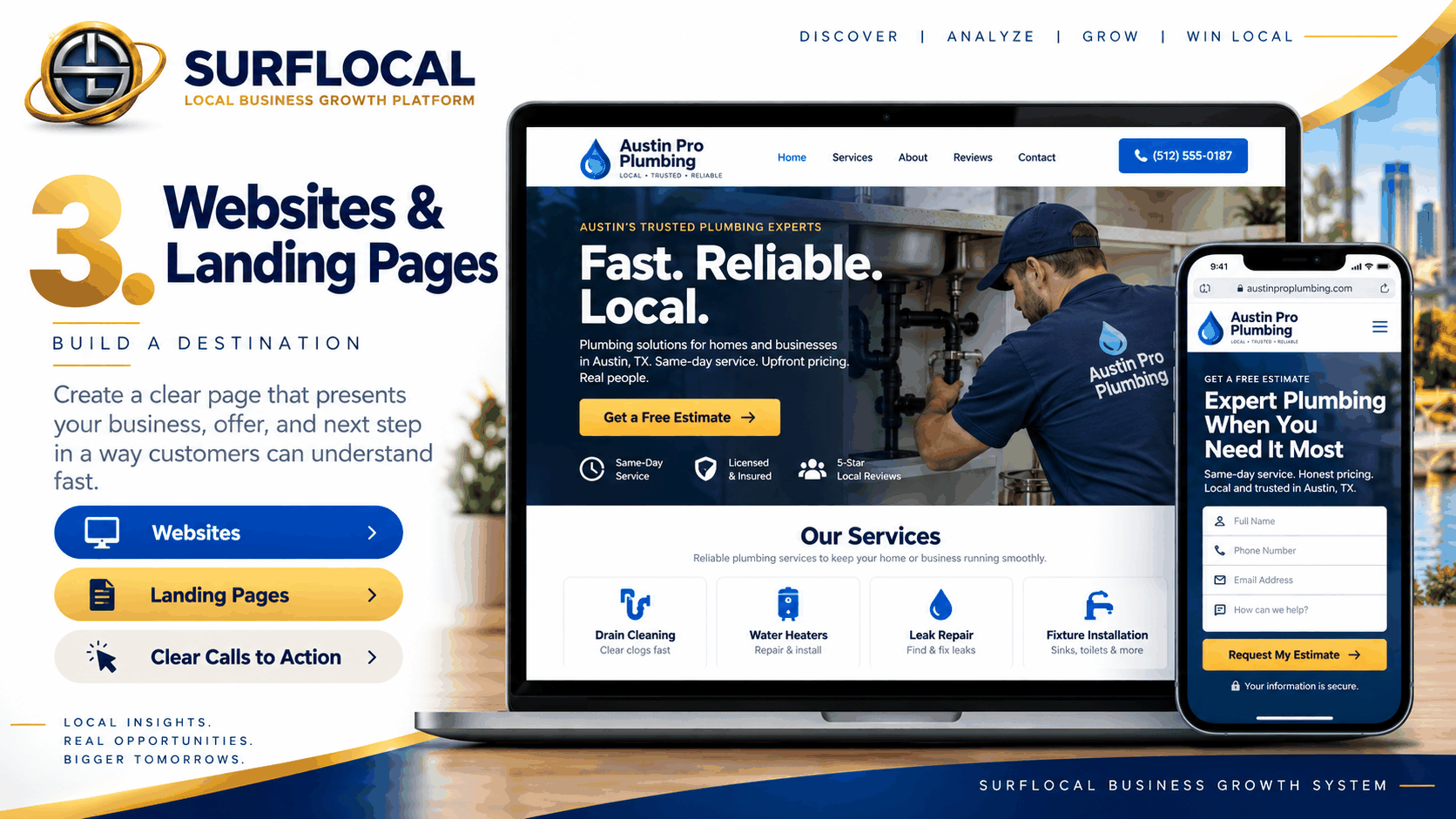 SurfLocal website and landing page example showing a local business website, mobile lead form, calls to action, services, and customer conversion design.