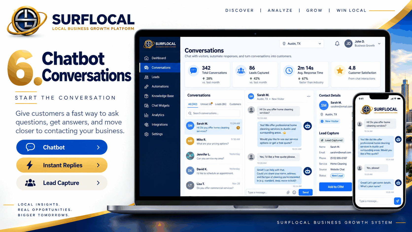 SurfLocal chatbot conversation system showing instant customer replies, website chat, lead capture, contact details, and customer conversations.