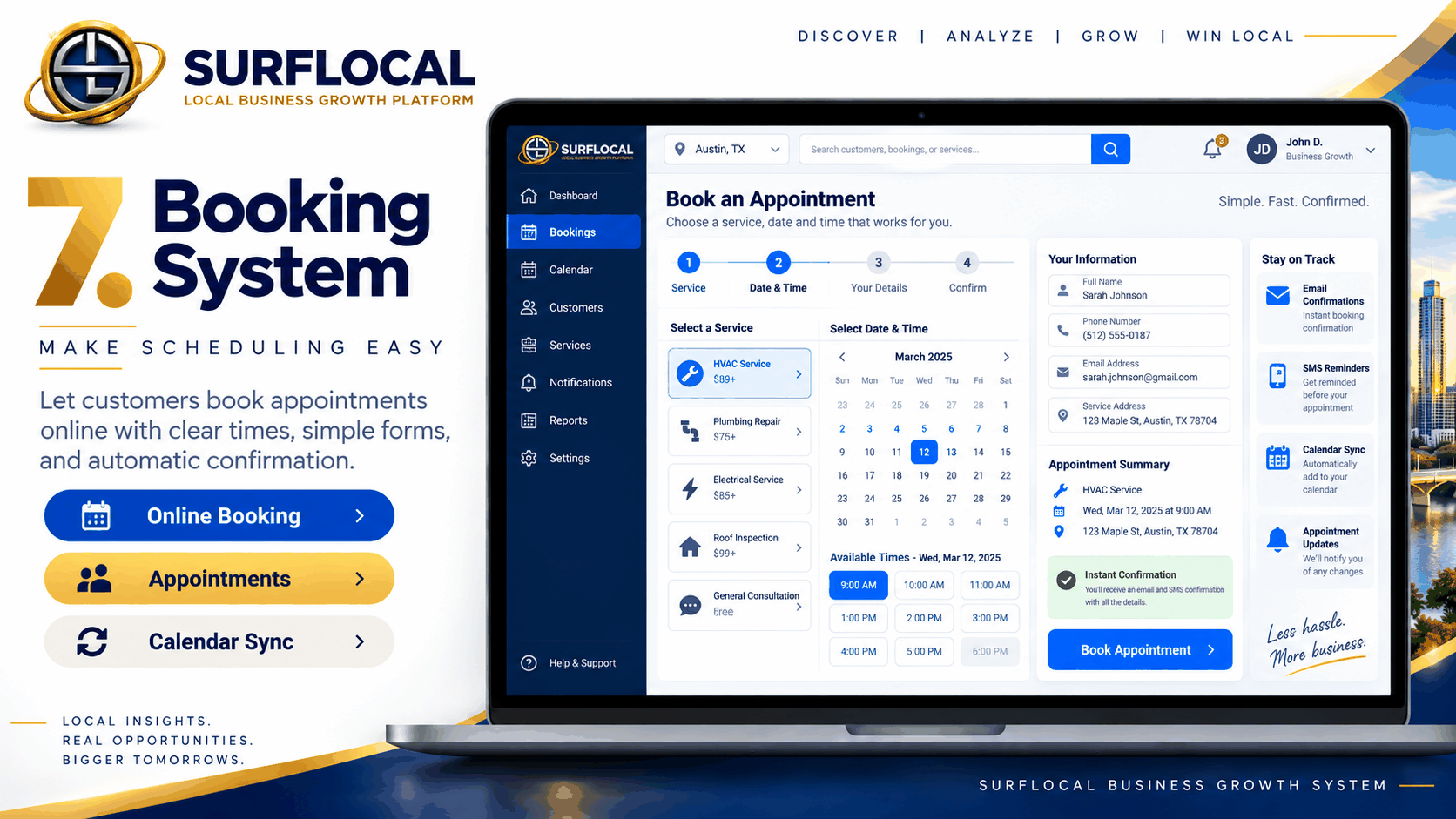 SurfLocal online booking system showing services, appointment dates and times, customer details, confirmations, reminders, and calendar scheduling.