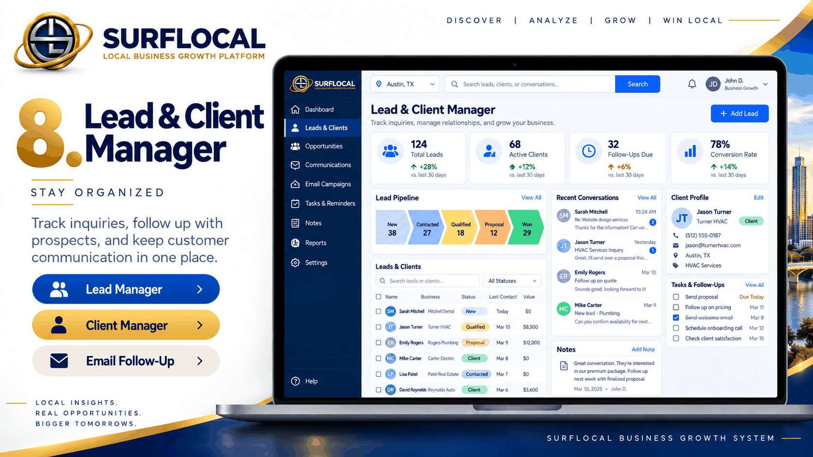 SurfLocal lead and client manager dashboard showing lead pipeline, active clients, follow-up tasks, conversations, email campaigns, and customer records.